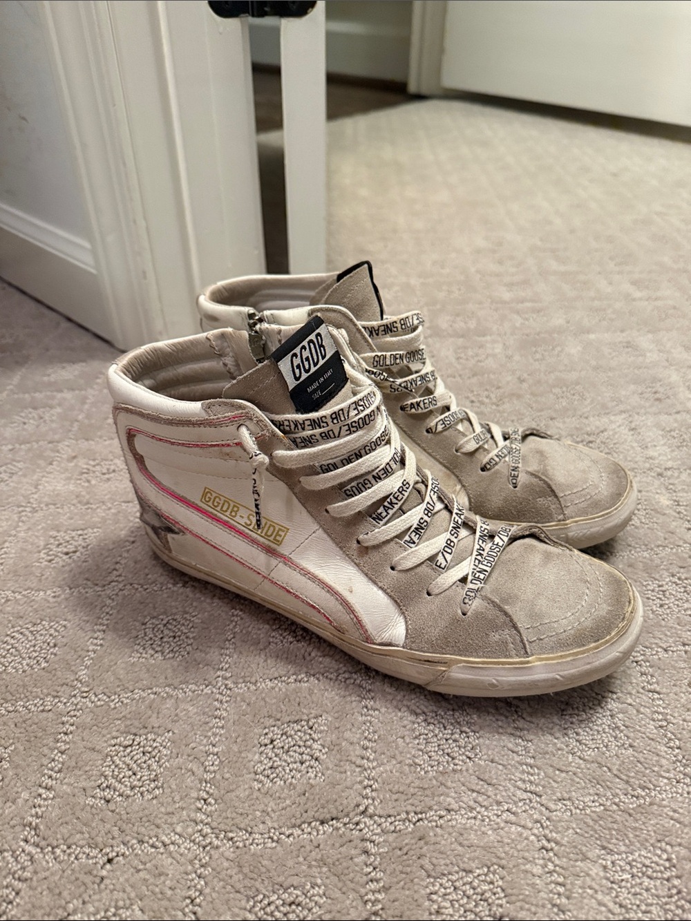 Golden Goose Beige and Pink High-Top Sneakers slide